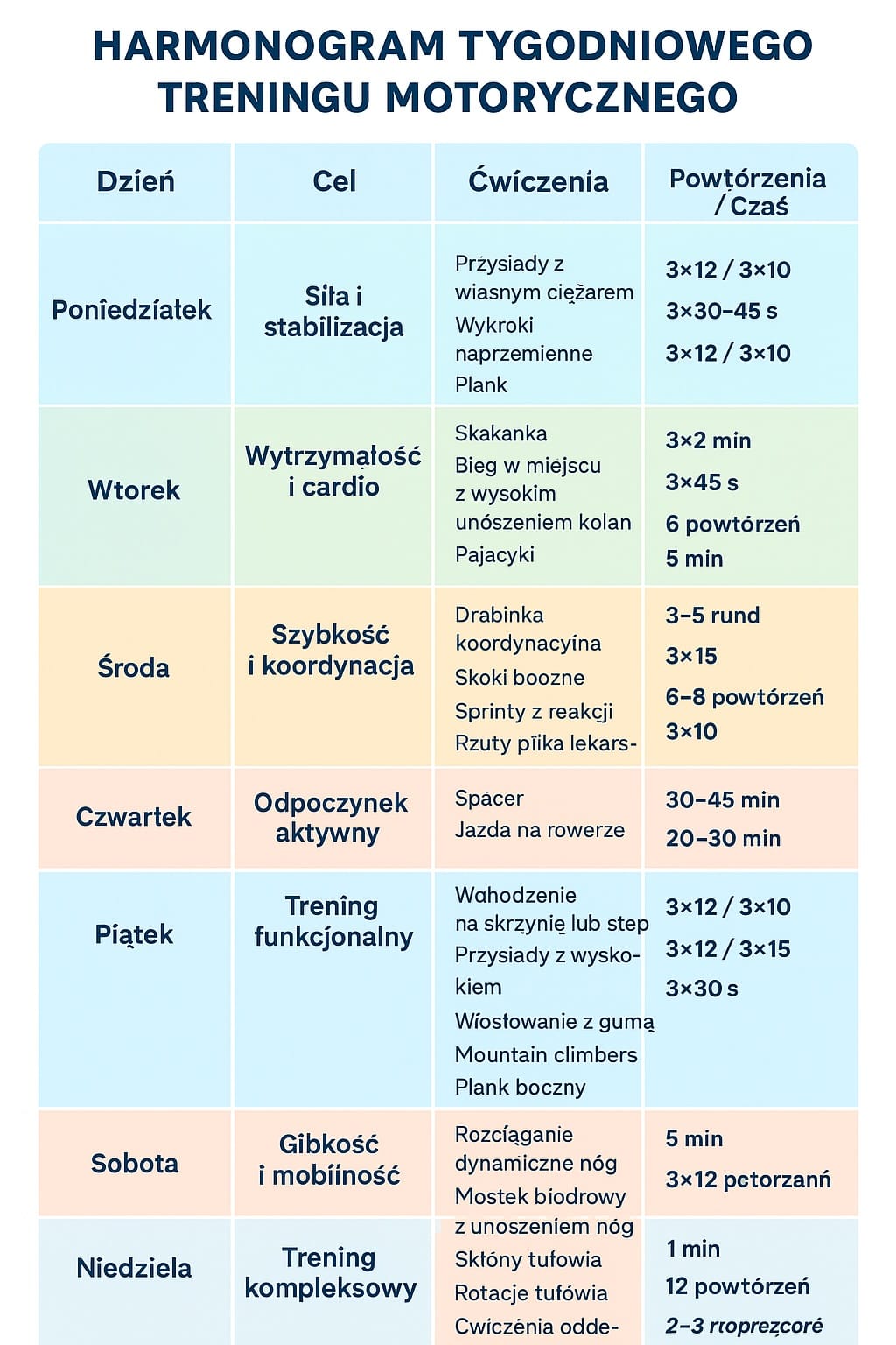 harmonogram tygodniowego treningu motorycznego